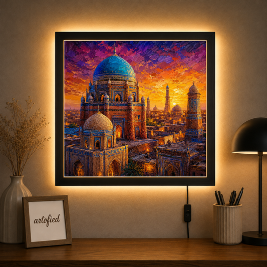 Golden Domes at Sunset Over the City – Domes glowing amber against twilight purple – Acrylic Glowing Frame - Artofied
