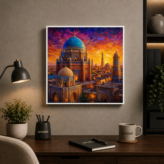 Golden Domes at Sunset Over the City – Domes glowing amber against twilight purple – Framed Metal Poster - Artofied