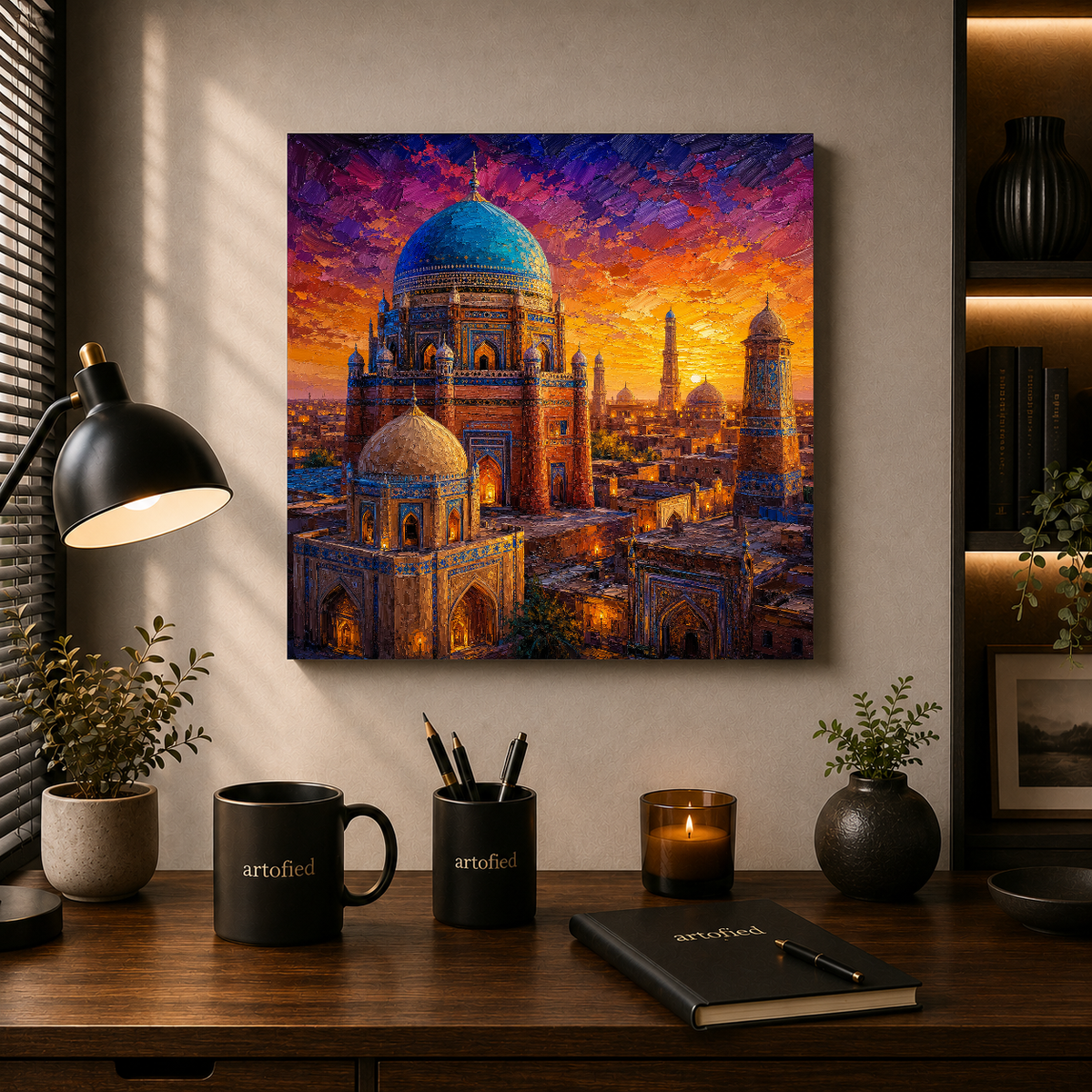 Golden Domes at Sunset Over the City – Domes glowing amber against twilight purple – Premium Metal Poster - Artofied