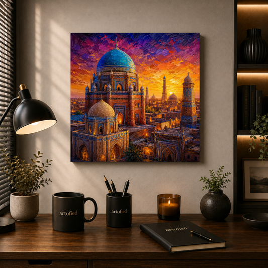 Golden Domes at Sunset Over the City – Domes glowing amber against twilight purple – Premium Metal Poster - Artofied