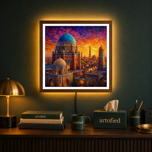 Golden Domes at Sunset Over the City – Domes glowing amber against twilight purple – Photo Frame Wall Lamp - Artofied