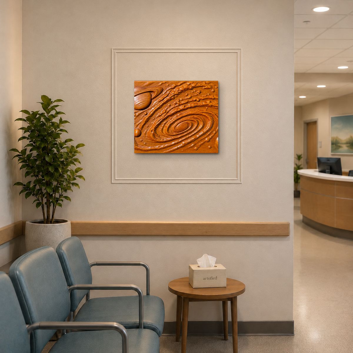 Golden Galaxy Relief – A ringed planet drifts through a star-flecked nebula. – Wood Relief Wall Art - Artofied
