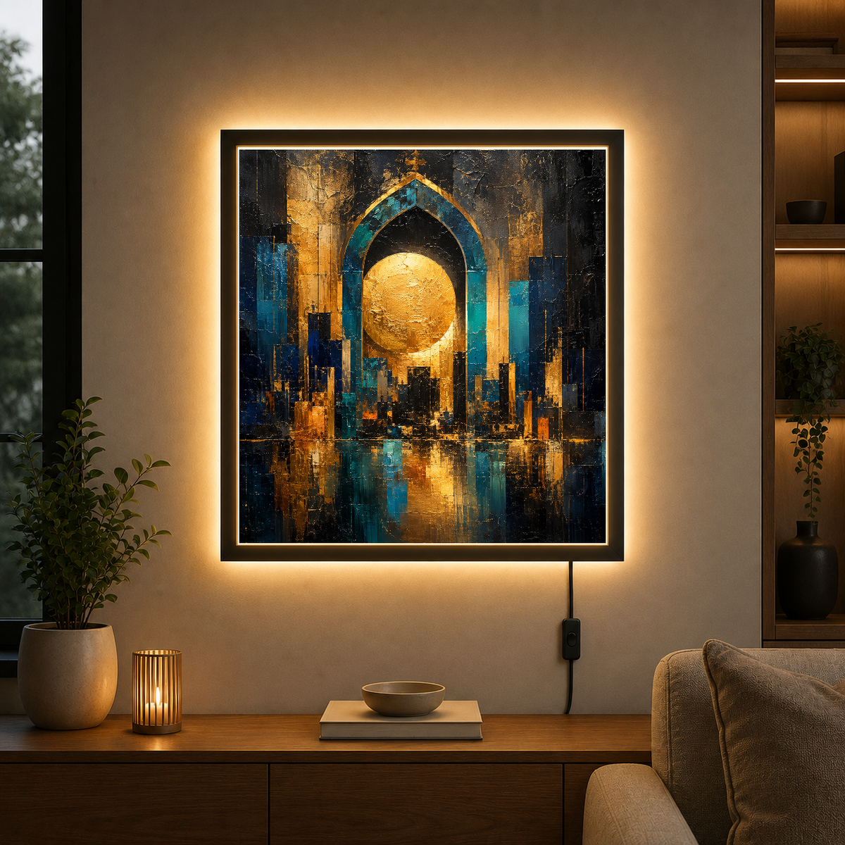 Golden Gateway: Architectural Reverie – Golden light against the infinite dark – Acrylic Glowing Frame - Artofied