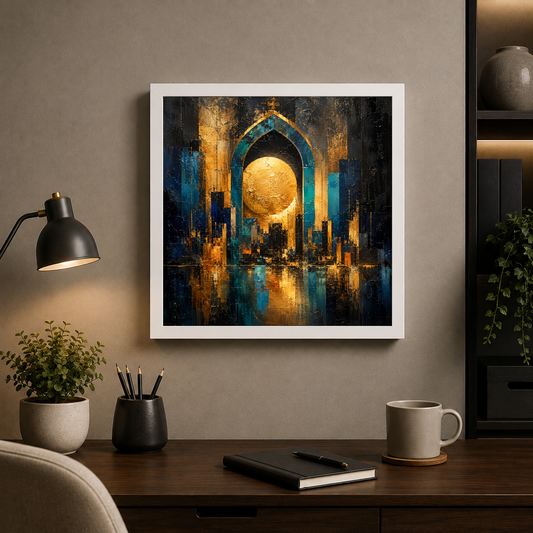 Golden Gateway: Architectural Reverie – Golden light against the infinite dark – Framed Metal Poster - Artofied