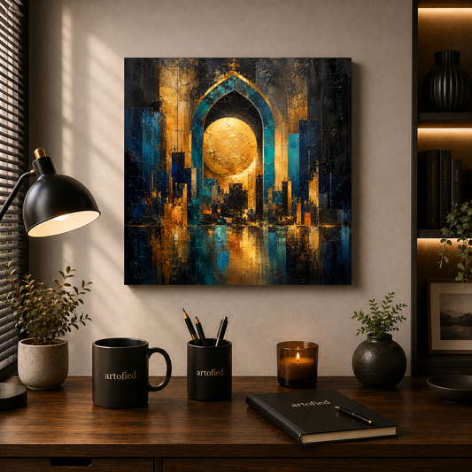 Golden Gateway: Architectural Reverie – Golden light against the infinite dark – Premium Metal Poster - Artofied