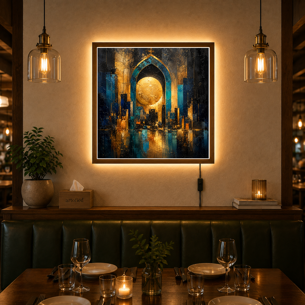 Golden Gateway: Architectural Reverie – Golden light against the infinite dark – Photo Frame Wall Lamp - Artofied