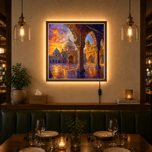 Golden Hour at the Sacred Mosque – Where light meets devotion in timeless beauty – Acrylic Glowing Frame - Artofied