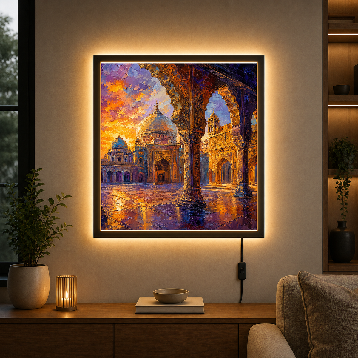 Golden Hour at the Sacred Mosque – Domes gleaming as the courtyard holds the sky – Acrylic Glowing Frame - Artofied