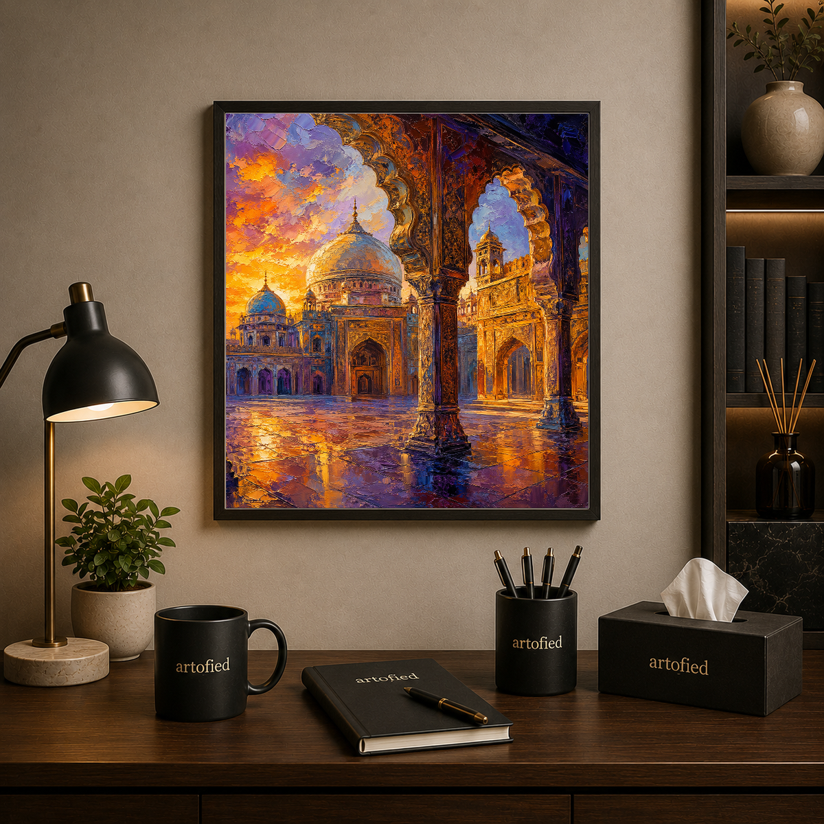 Golden Hour at the Sacred Mosque – Where light meets devotion in timeless beauty – Framed Metal Poster - Artofied