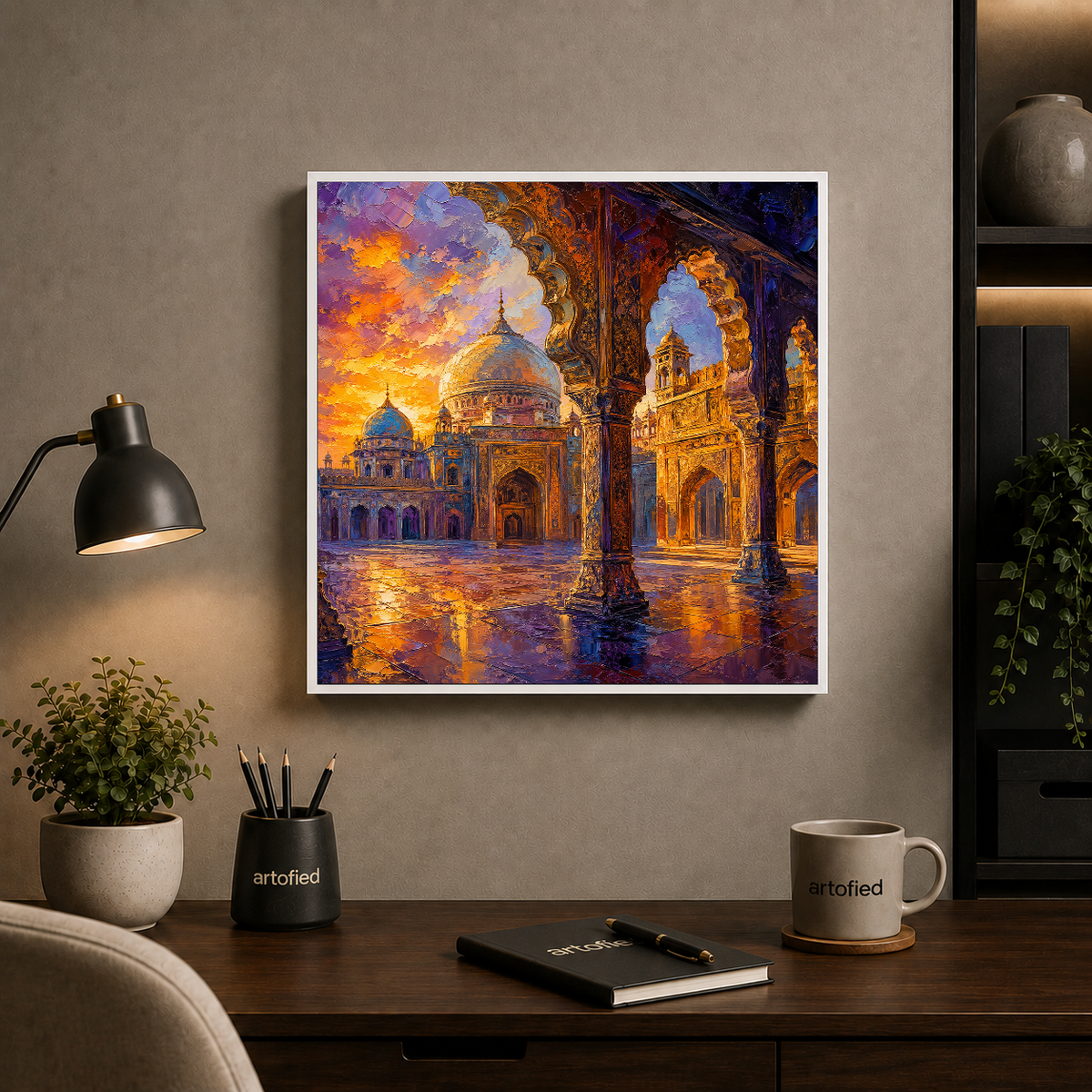 Golden Hour at the Sacred Mosque – Domes gleaming as the courtyard holds the sky – Framed Metal Poster - Artofied