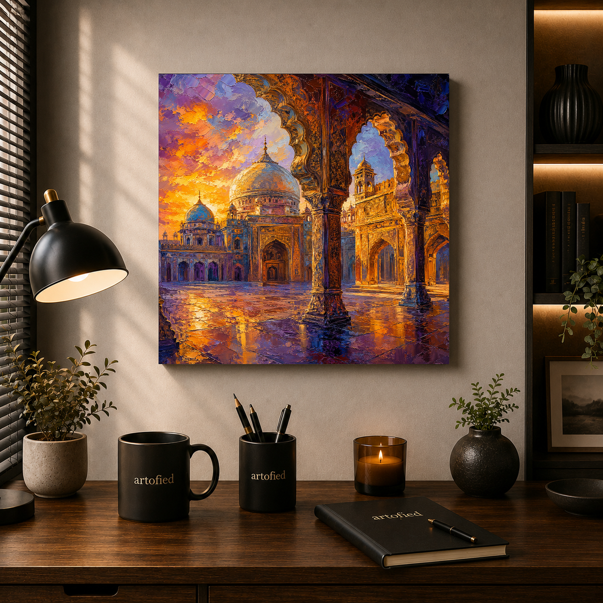 Golden Hour at the Sacred Mosque – Domes gleaming as the courtyard holds the sky – Premium Metal Poster - Artofied