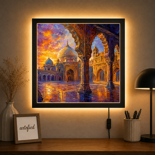 Golden Hour at the Sacred Mosque – Where light meets devotion in timeless beauty – Photo Frame Wall Lamp - Artofied