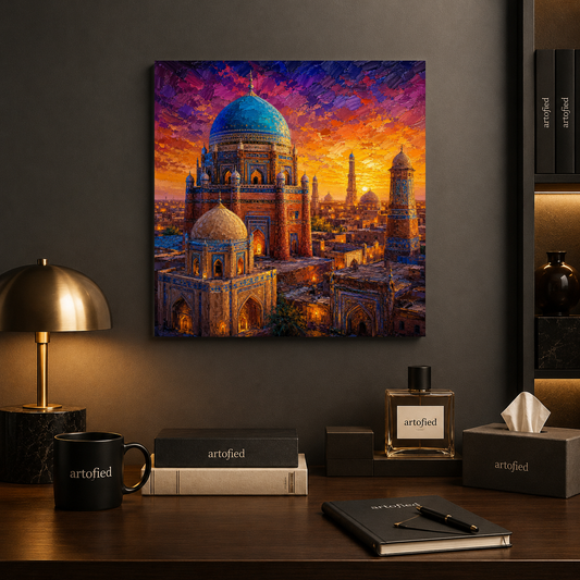 Golden Hour Over Ancient Spires – Where heritage glows in eternal light – Premium Metal Poster - Artofied