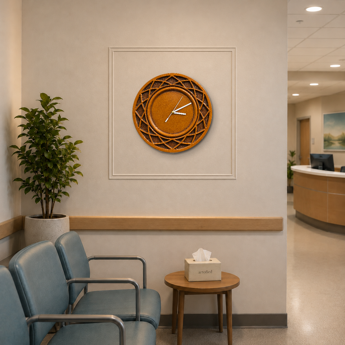 Golden Lattice Ring wooden wall clock in a waiting area with a plaster wall panel