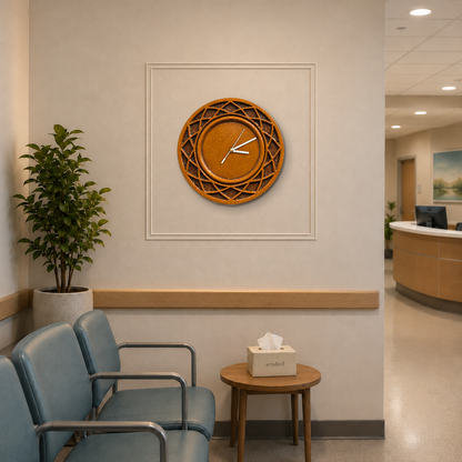 Golden Lattice Ring wooden wall clock in a waiting area with a plaster wall panel