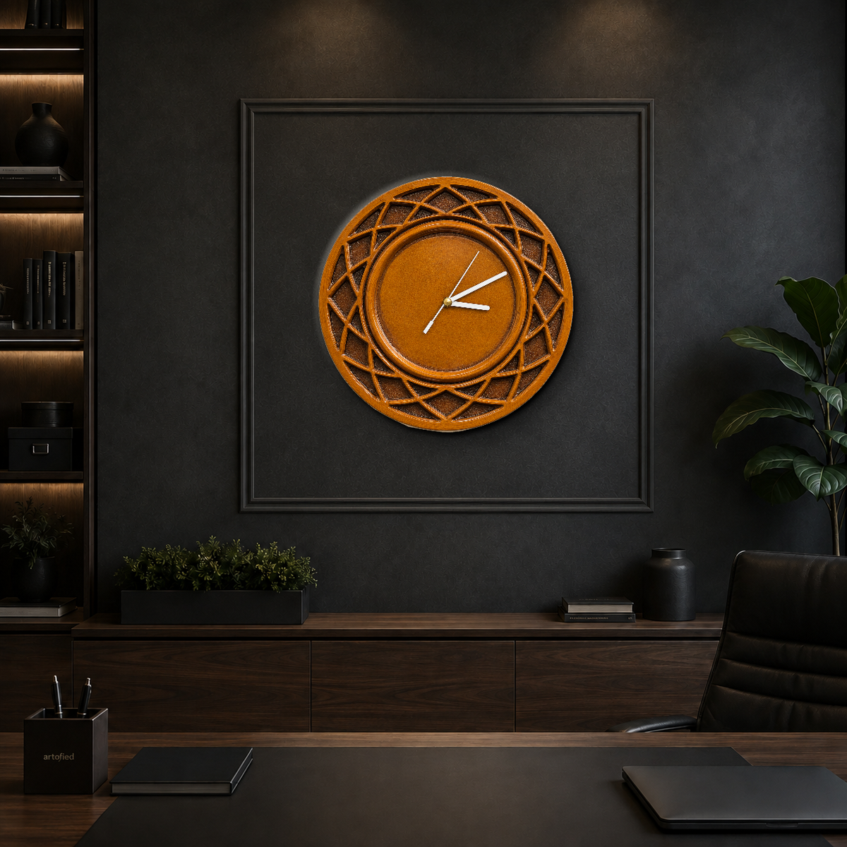 Golden Lattice Ring wooden wall clock on a charcoal panelled wall