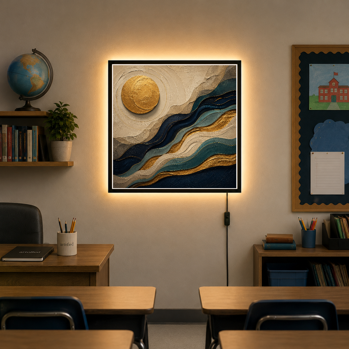Golden Moon Over Layered Horizons – Gold dissolves into navy, layer by layer – Acrylic Glowing Frame - Artofied