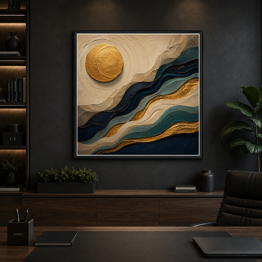 Golden Moon Over Layered Horizons – Gold dissolves into navy, layer by layer – Framed Metal Poster - Artofied