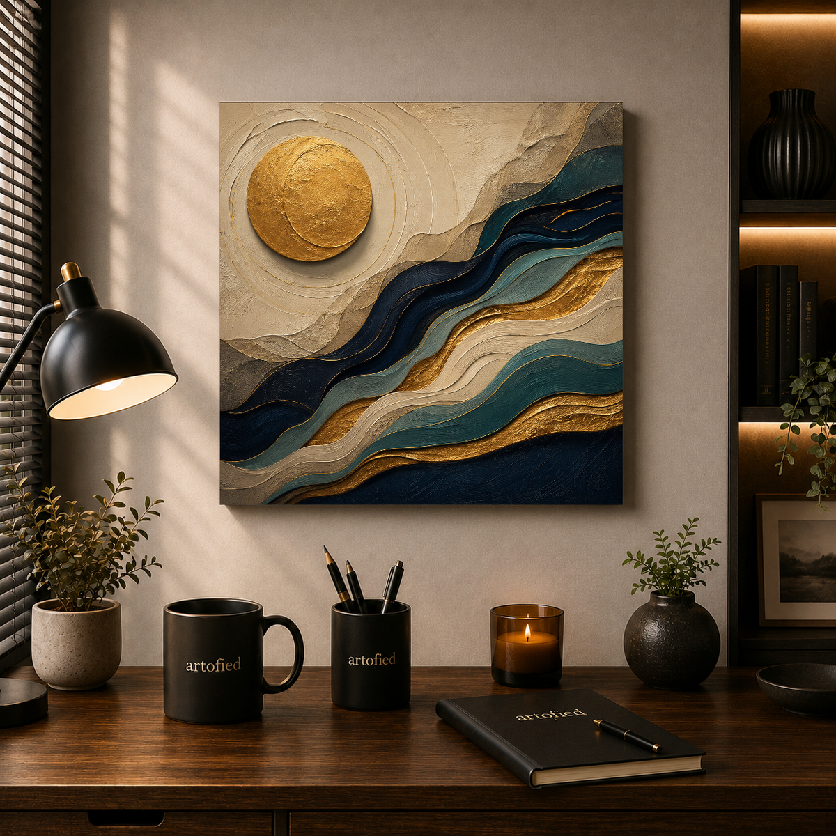 Golden Moon Over Layered Horizons – Gold dissolves into navy, layer by layer – Premium Metal Poster - Artofied