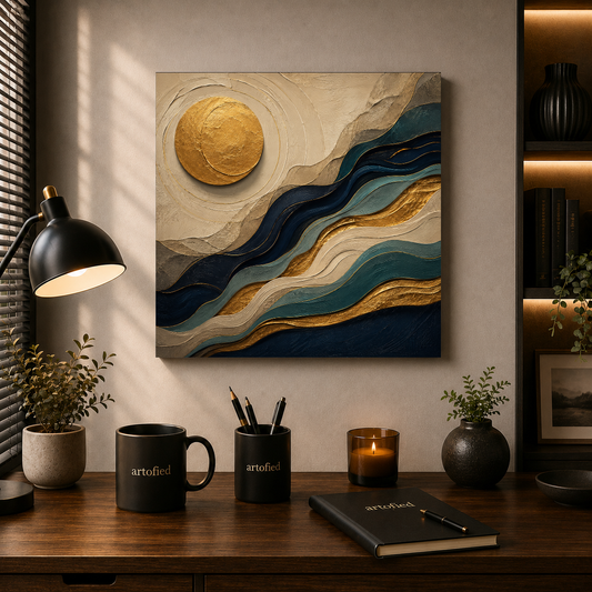 Golden Moon Over Layered Horizons – Gold dissolves into navy, layer by layer – Premium Metal Poster - Artofied