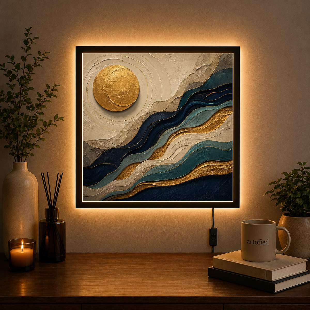 Golden Moon Over Layered Horizons – Gold dissolves into navy, layer by layer – Photo Frame Wall Lamp - Artofied