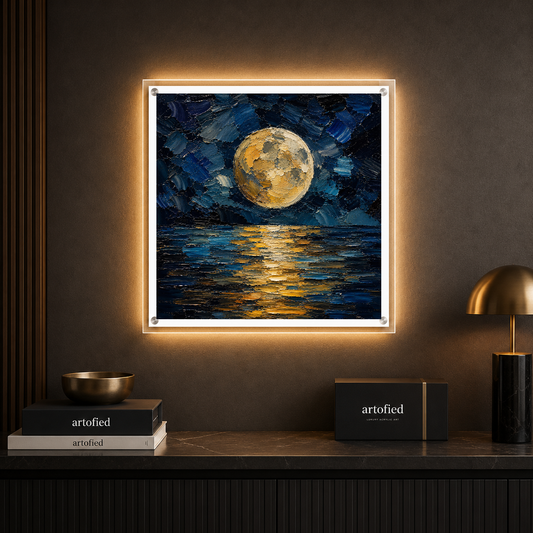 Golden Moon Over Midnight Waters – Gold floating on midnight blue depths – Acrylic Glowing Frame - Artofied