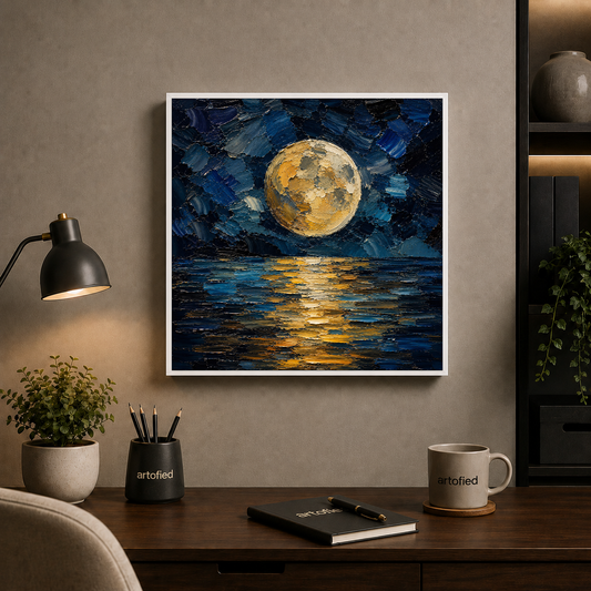 Golden Moon Over Midnight Waters – Gold floating on midnight blue depths – Framed Metal Poster - Artofied
