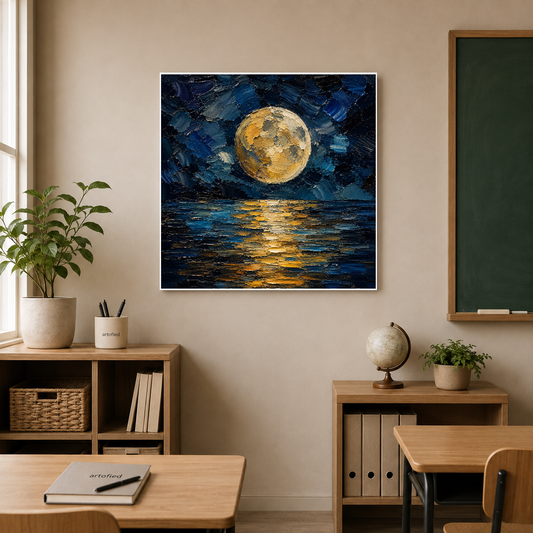Golden Moon Over Midnight Waters – Gold floating on midnight blue depths – Premium Metal Poster - Artofied