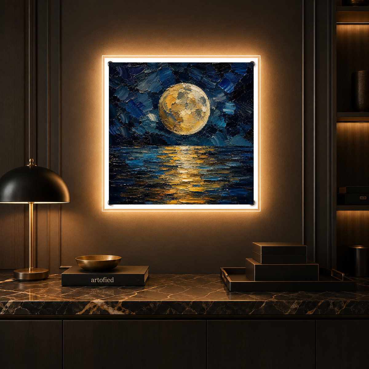 Golden Moon Over Midnight Waters – Gold floating on midnight blue depths – Photo Frame Wall Lamp - Artofied