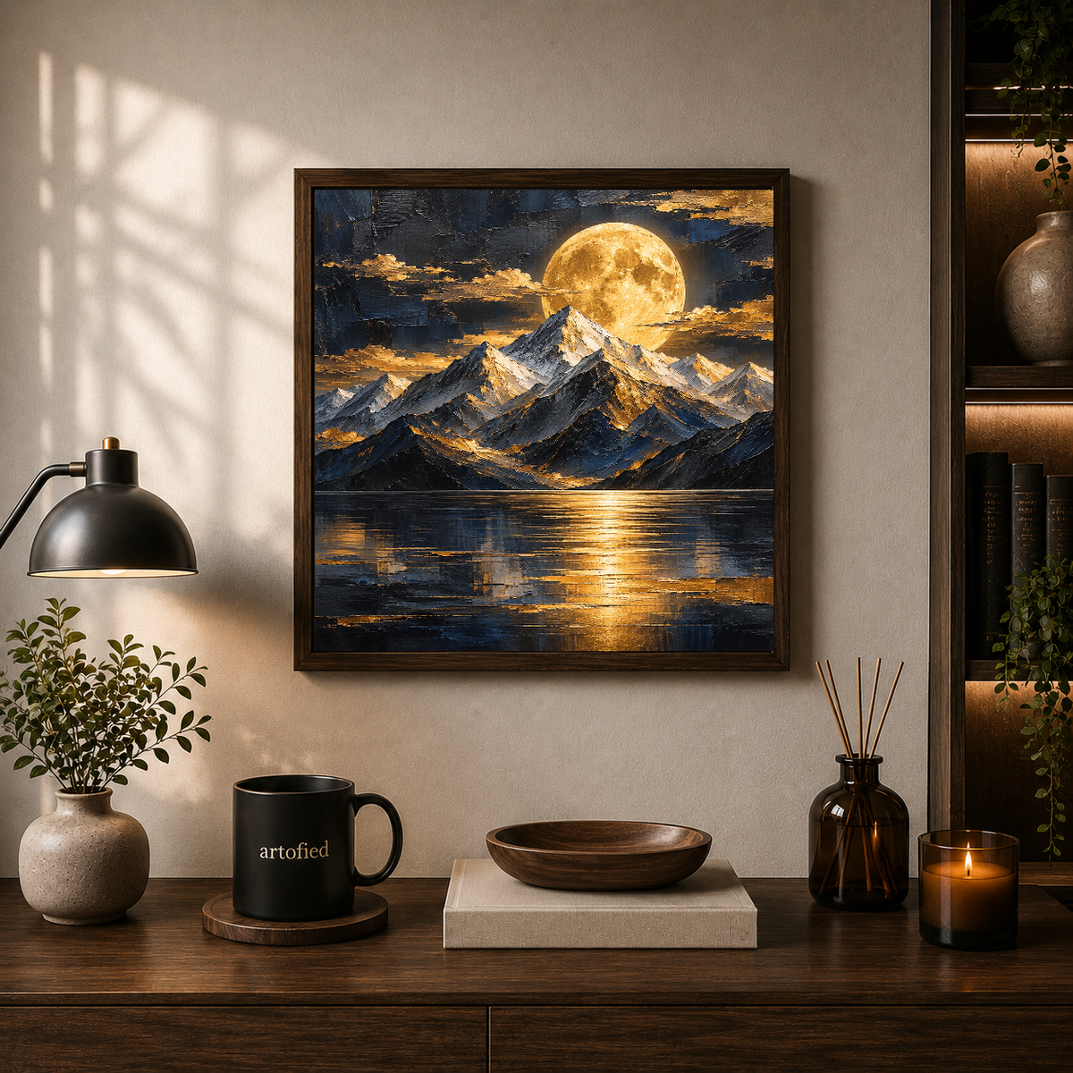 Golden Moon Over Mountain Lake – Molten gold spills across frozen silence – Framed Metal Poster - Artofied