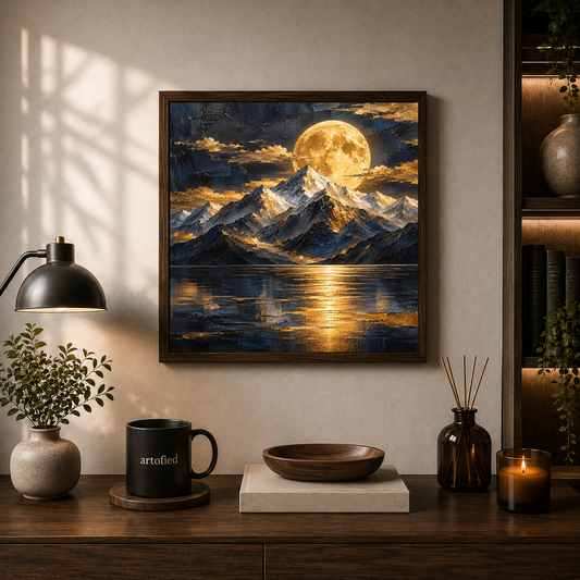 Golden Moon Over Mountain Lake – Molten gold spills across frozen silence – Framed Metal Poster - Artofied