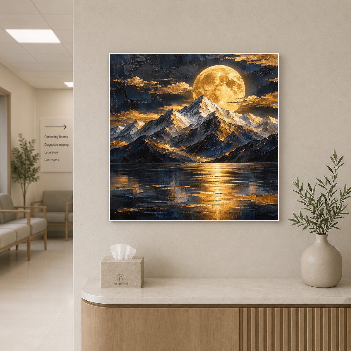 Golden Moon Over Mountain Lake – Molten gold spills across frozen silence – Premium Metal Poster - Artofied