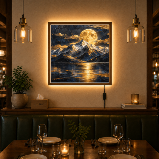 Golden Moon Over Mountain Lake – Molten gold spills across frozen silence – Photo Frame Wall Lamp - Artofied