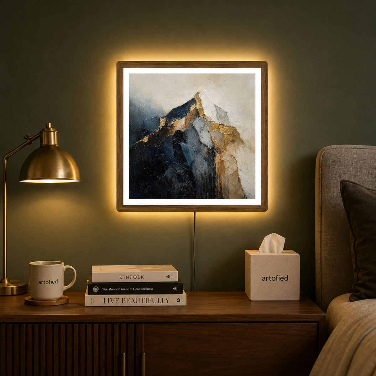 Golden Peak Mountain Study – Gold emerging through the gray – Acrylic Glowing Frame - Artofied