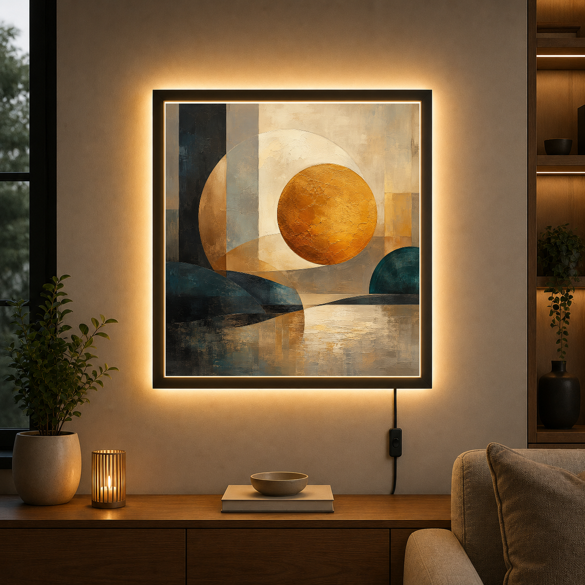 Golden Sphere in Contemplative Stillness – Golden orbs reflected in perfect stillness – Acrylic Glowing Frame - Artofied