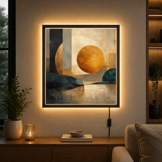 Golden Sphere in Contemplative Stillness – Golden orbs reflected in perfect stillness – Acrylic Glowing Frame - Artofied