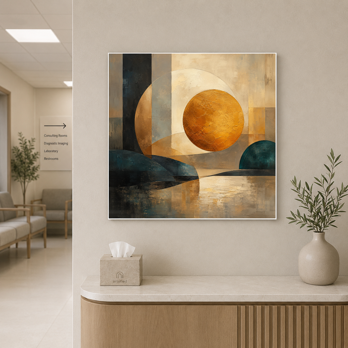 Golden Sphere in Contemplative Stillness – Golden orbs reflected in perfect stillness – Premium Metal Poster - Artofied