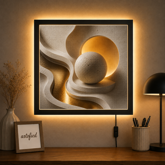 Golden Sphere in Layered Stone – Golden sphere nestled in cool stone layers – Acrylic Glowing Frame - Artofied
