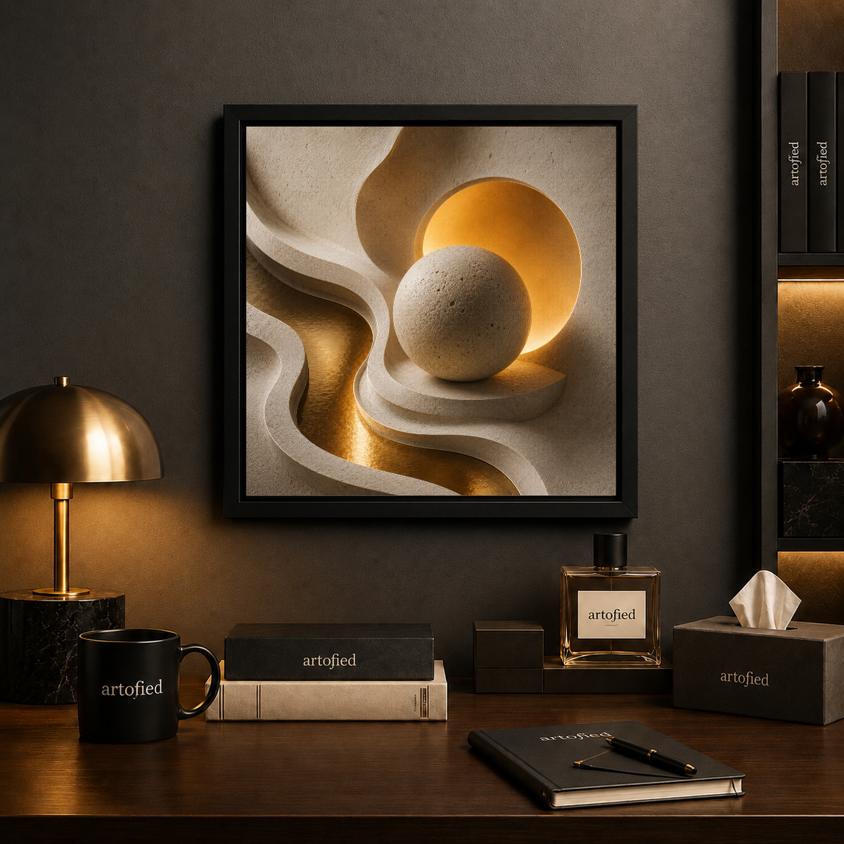 Golden Sphere in Layered Stone – Golden sphere nestled in cool stone layers – Framed Metal Poster - Artofied