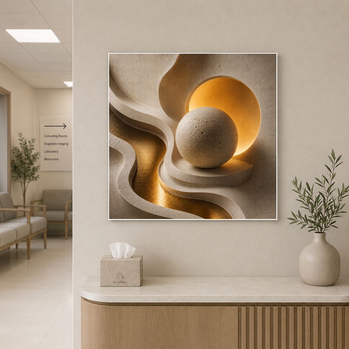 Golden Sphere in Layered Stone – Golden sphere nestled in cool stone layers – Premium Metal Poster - Artofied
