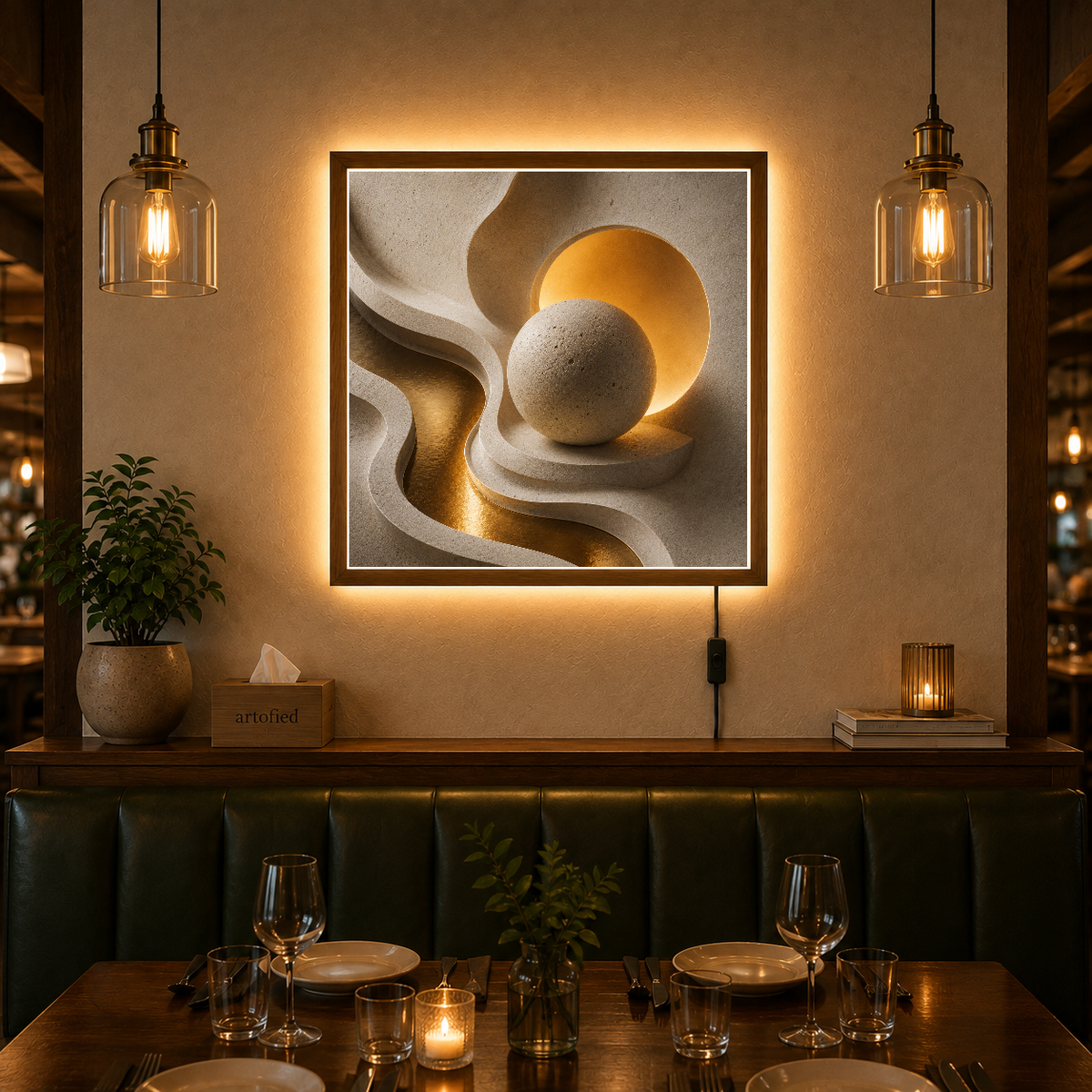 Golden Sphere in Layered Stone – Golden sphere nestled in cool stone layers – Photo Frame Wall Lamp - Artofied