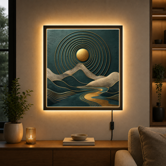 Golden Sun Over Layered Mountains – Concentric circles frame a rising gold – Acrylic Glowing Frame - Artofied