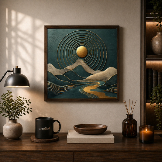 Golden Sun Over Layered Mountains – Concentric circles frame a rising gold – Framed Metal Poster - Artofied