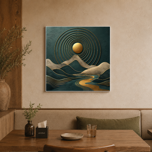 Golden Sun Over Layered Mountains – Concentric circles frame a rising gold – Premium Metal Poster - Artofied
