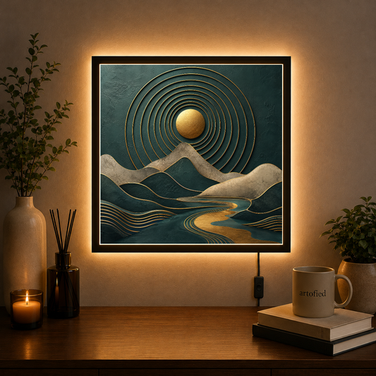 Golden Sun Over Layered Mountains – Concentric circles frame a rising gold – Photo Frame Wall Lamp - Artofied