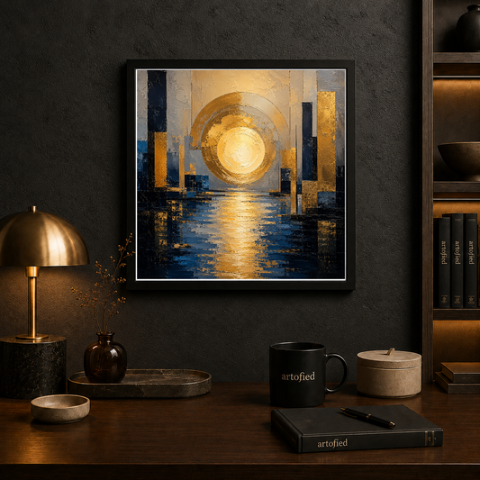 Golden Sunrise Over Urban Waters – Golden light pools between silent columns – Framed Metal Poster - Artofied