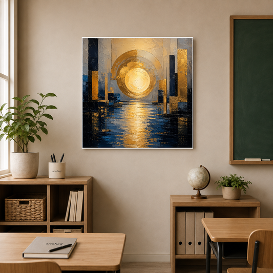 Golden Sunrise Over Urban Waters – Golden light pools between silent columns – Premium Metal Poster - Artofied