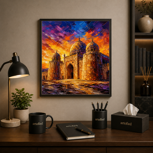Golden Sunset Over Ancient Fortress – Where heritage glows in eternal light – Framed Metal Poster - Artofied