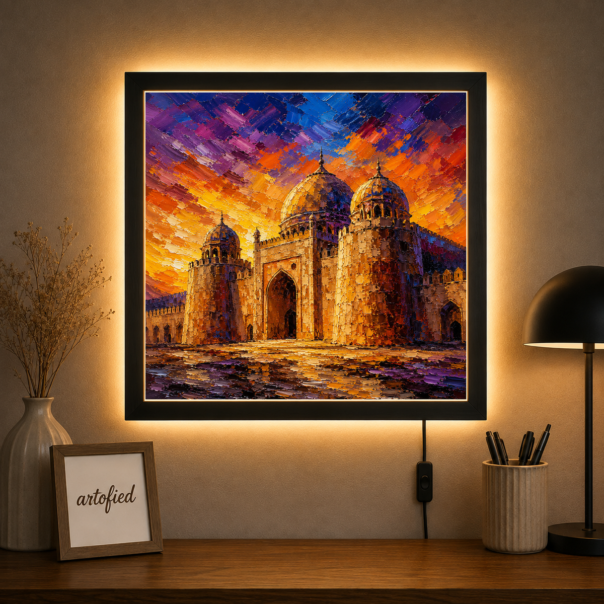 Golden Sunset Over Ancient Fortress – Where heritage glows in eternal light – Photo Frame Wall Lamp - Artofied