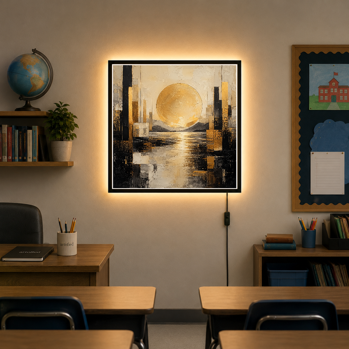 Golden Sunset Over Architectural Waters – Gold reflects in stillness, architecture breathes – Acrylic Glowing Frame - Artofied
